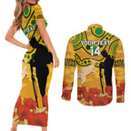 Custom Matildas ANZAC Day Couples Matching Short Sleeve Bodycon Dress and Long Sleeve Button Shirt Lest We Forget Poppies Mix Camouflage Gold