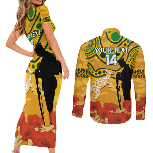 Custom Matildas ANZAC Day Couples Matching Short Sleeve Bodycon Dress and Long Sleeve Button Shirt Lest We Forget Poppies Mix Camouflage Gold
