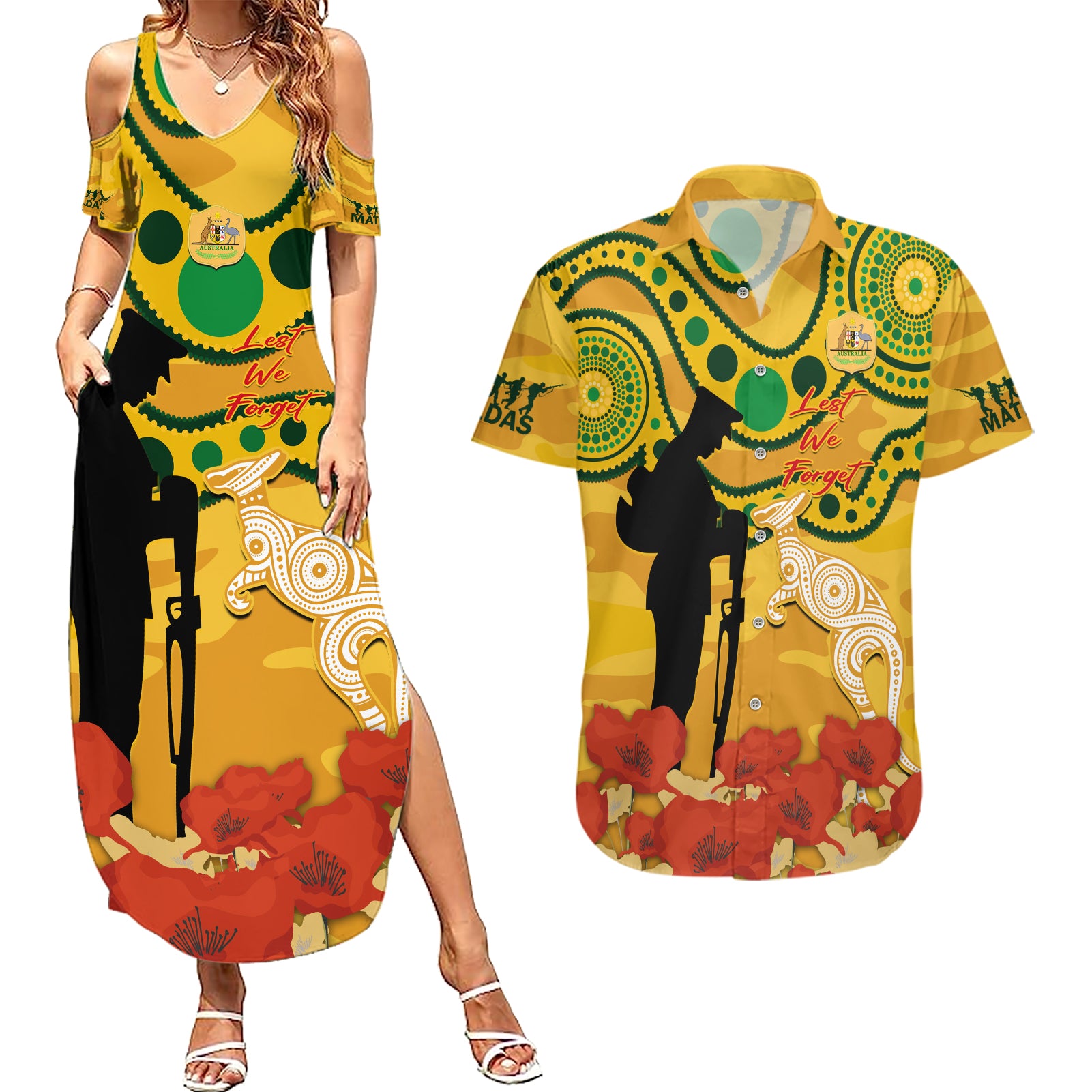 Custom Matildas ANZAC Day Couples Matching Summer Maxi Dress and Hawaiian Shirt Lest We Forget Poppies Mix Camouflage Gold