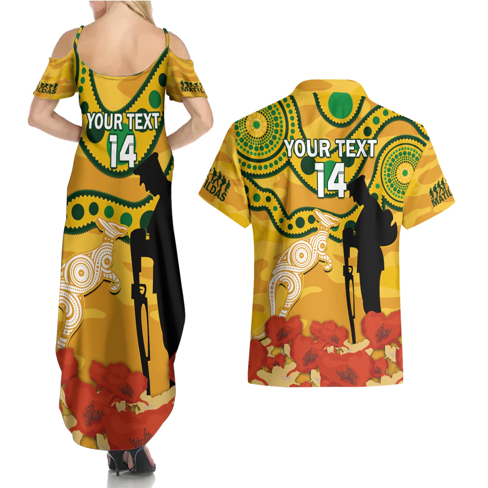 Custom Matildas ANZAC Day Couples Matching Summer Maxi Dress and Hawaiian Shirt Lest We Forget Poppies Mix Camouflage Gold