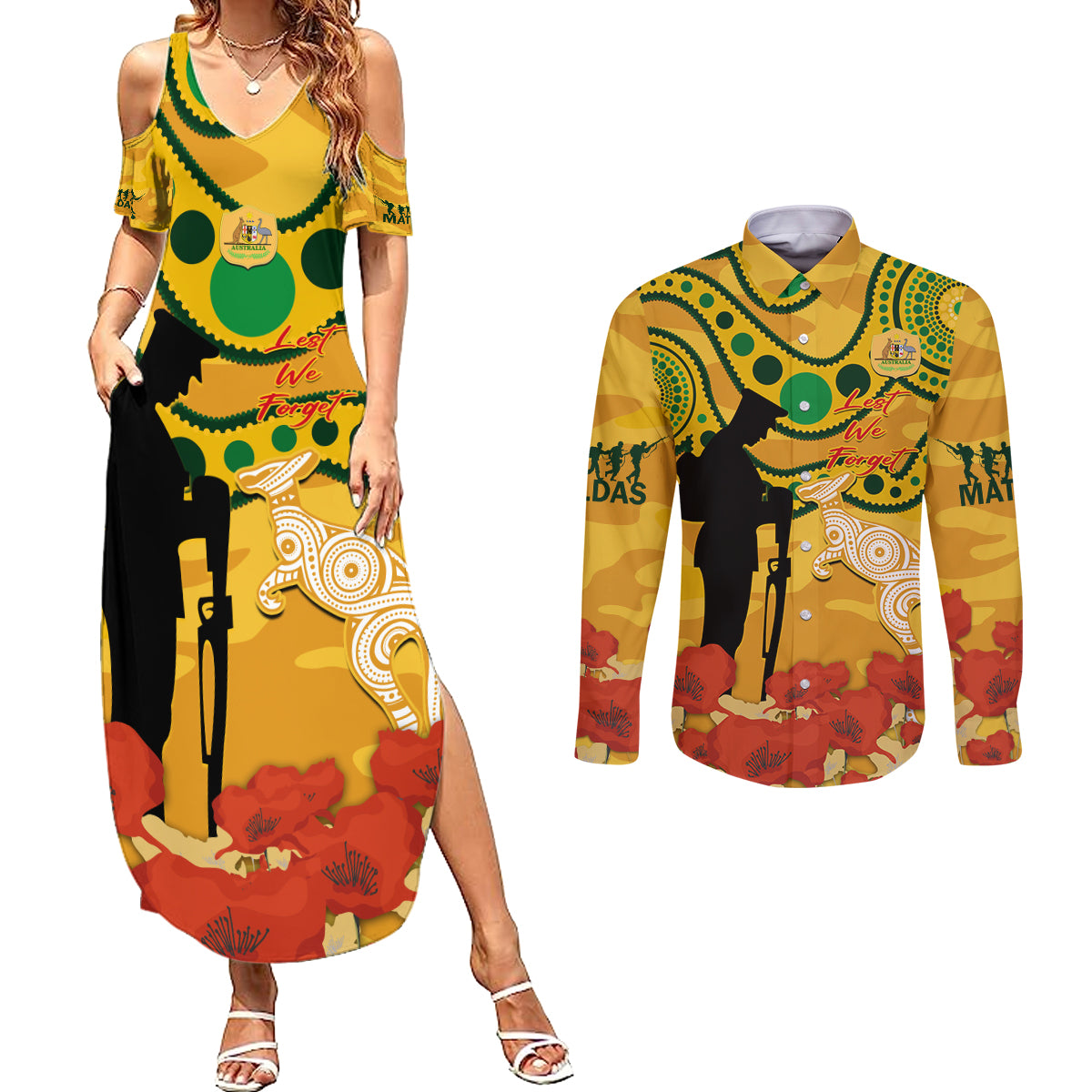 Custom Matildas ANZAC Day Couples Matching Summer Maxi Dress and Long Sleeve Button Shirt Lest We Forget Poppies Mix Camouflage Gold