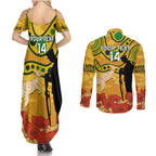 Custom Matildas ANZAC Day Couples Matching Summer Maxi Dress and Long Sleeve Button Shirt Lest We Forget Poppies Mix Camouflage Gold