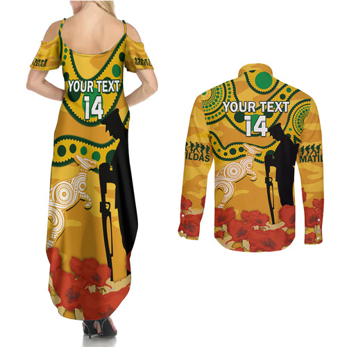 Custom Matildas ANZAC Day Couples Matching Summer Maxi Dress and Long Sleeve Button Shirt Lest We Forget Poppies Mix Camouflage Gold