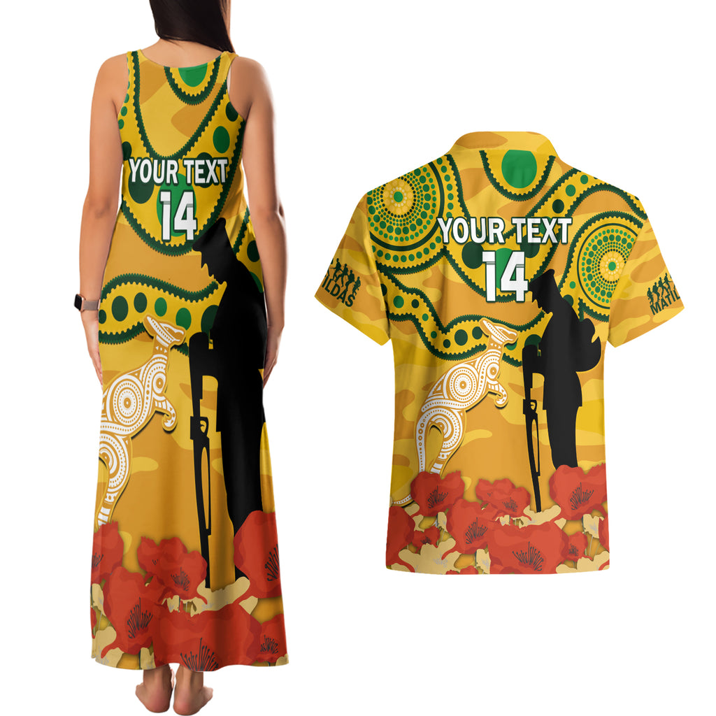 Custom Matildas ANZAC Day Couples Matching Tank Maxi Dress and Hawaiian Shirt Lest We Forget Poppies Mix Camouflage Gold