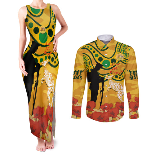 Custom Matildas ANZAC Day Couples Matching Tank Maxi Dress and Long Sleeve Button Shirt Lest We Forget Poppies Mix Camouflage Gold