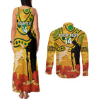 Custom Matildas ANZAC Day Couples Matching Tank Maxi Dress and Long Sleeve Button Shirt Lest We Forget Poppies Mix Camouflage Gold