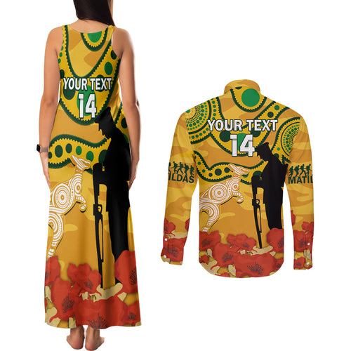 Custom Matildas ANZAC Day Couples Matching Tank Maxi Dress and Long Sleeve Button Shirt Lest We Forget Poppies Mix Camouflage Gold