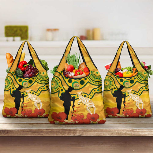 Matildas ANZAC Day Grocery Bag Lest We Forget Poppies Mix Camouflage Gold