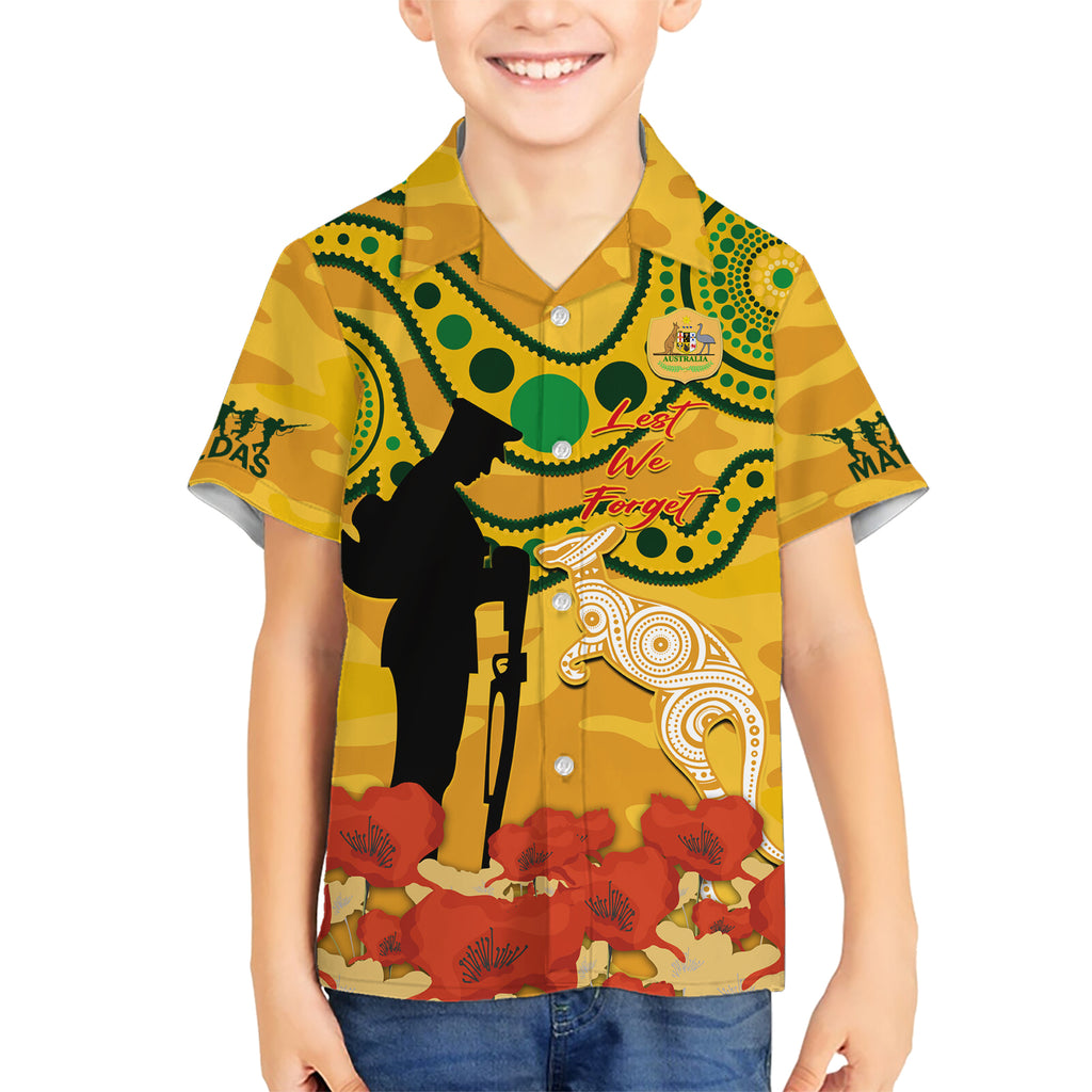 Custom Matildas ANZAC Day Kid Hawaiian Shirt Lest We Forget Poppies Mix Camouflage Gold