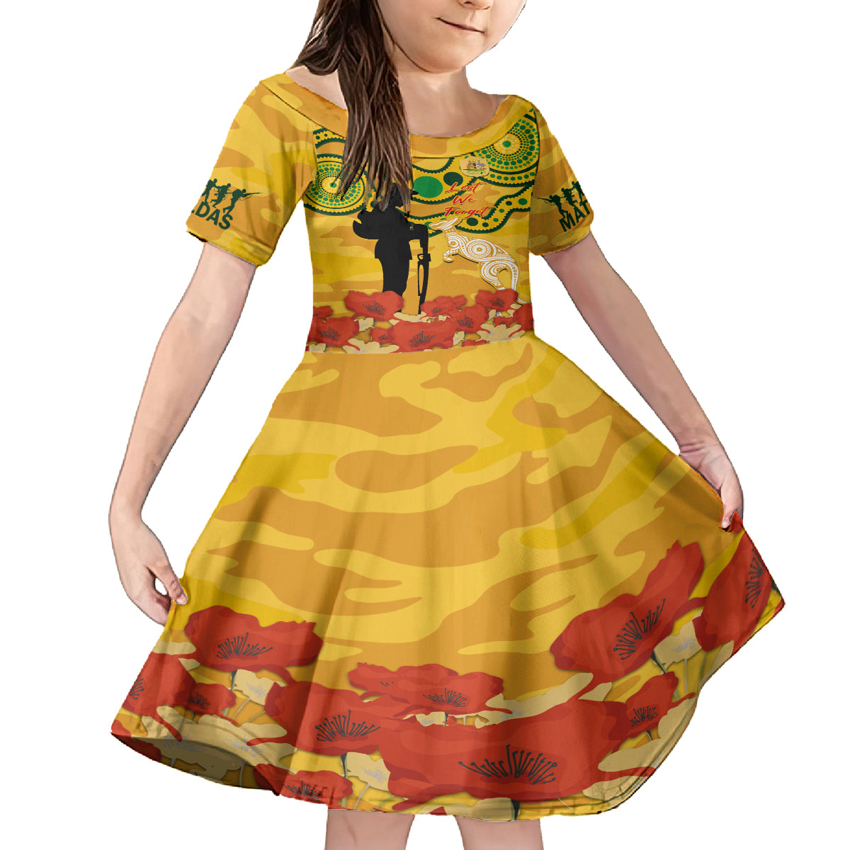 Custom Matildas ANZAC Day Kid Short Sleeve Dress Lest We Forget Poppies Mix Camouflage Gold