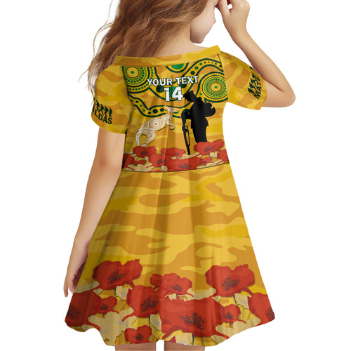 Custom Matildas ANZAC Day Kid Short Sleeve Dress Lest We Forget Poppies Mix Camouflage Gold