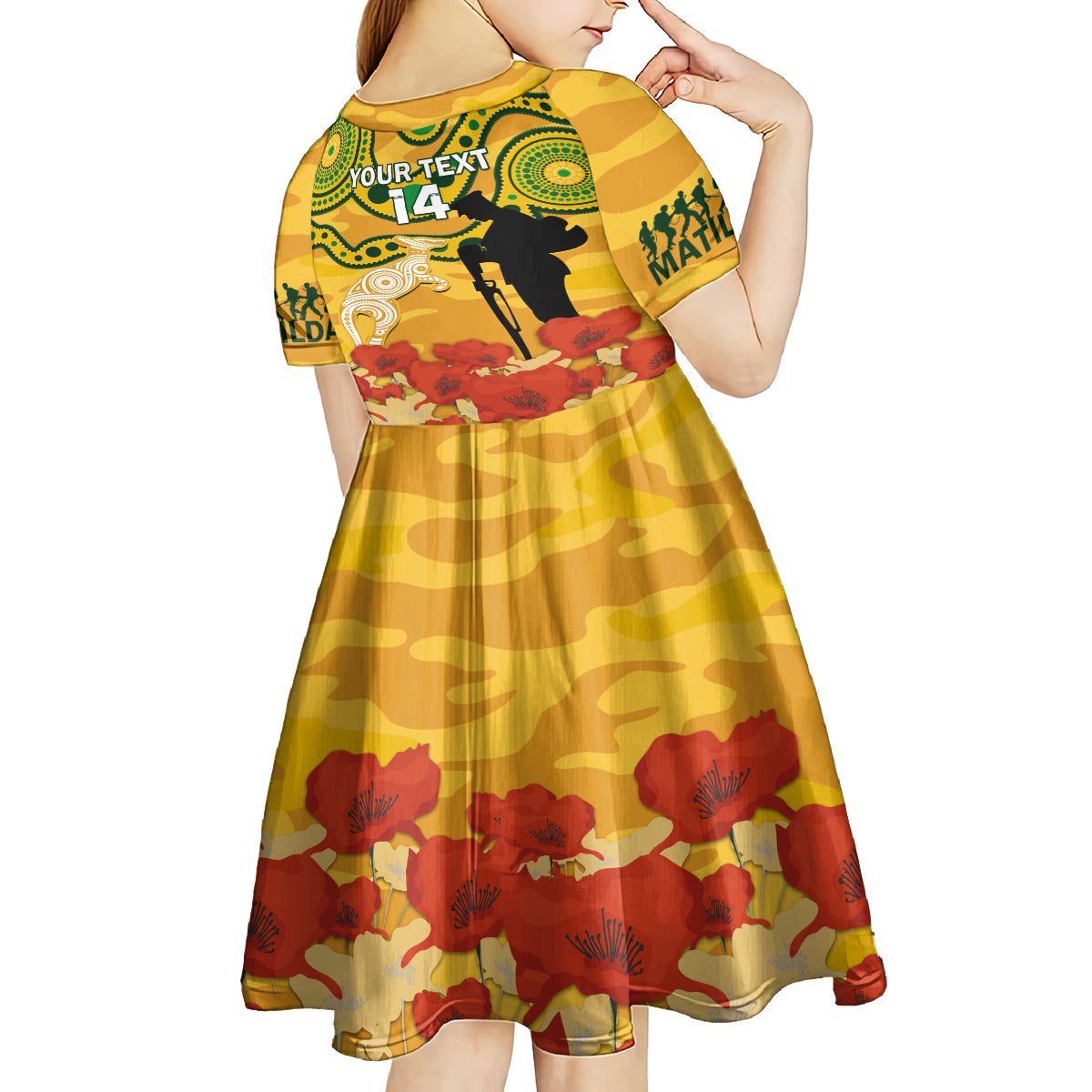 Custom Matildas ANZAC Day Kid Short Sleeve Dress Lest We Forget Poppies Mix Camouflage Gold