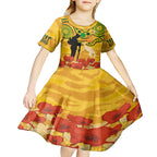 Custom Matildas ANZAC Day Kid Short Sleeve Dress Lest We Forget Poppies Mix Camouflage Gold