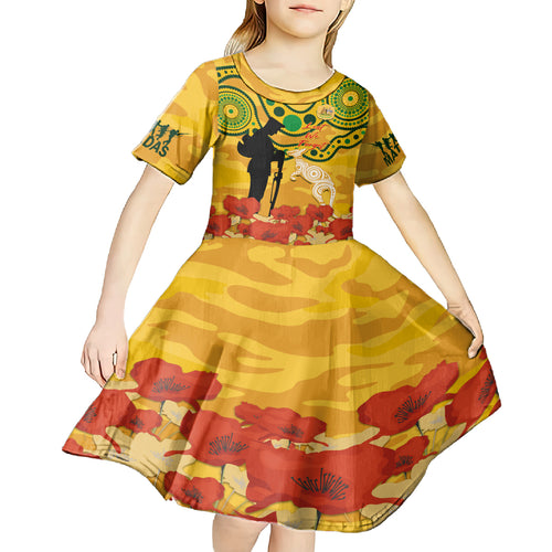 Custom Matildas ANZAC Day Kid Short Sleeve Dress Lest We Forget Poppies Mix Camouflage Gold