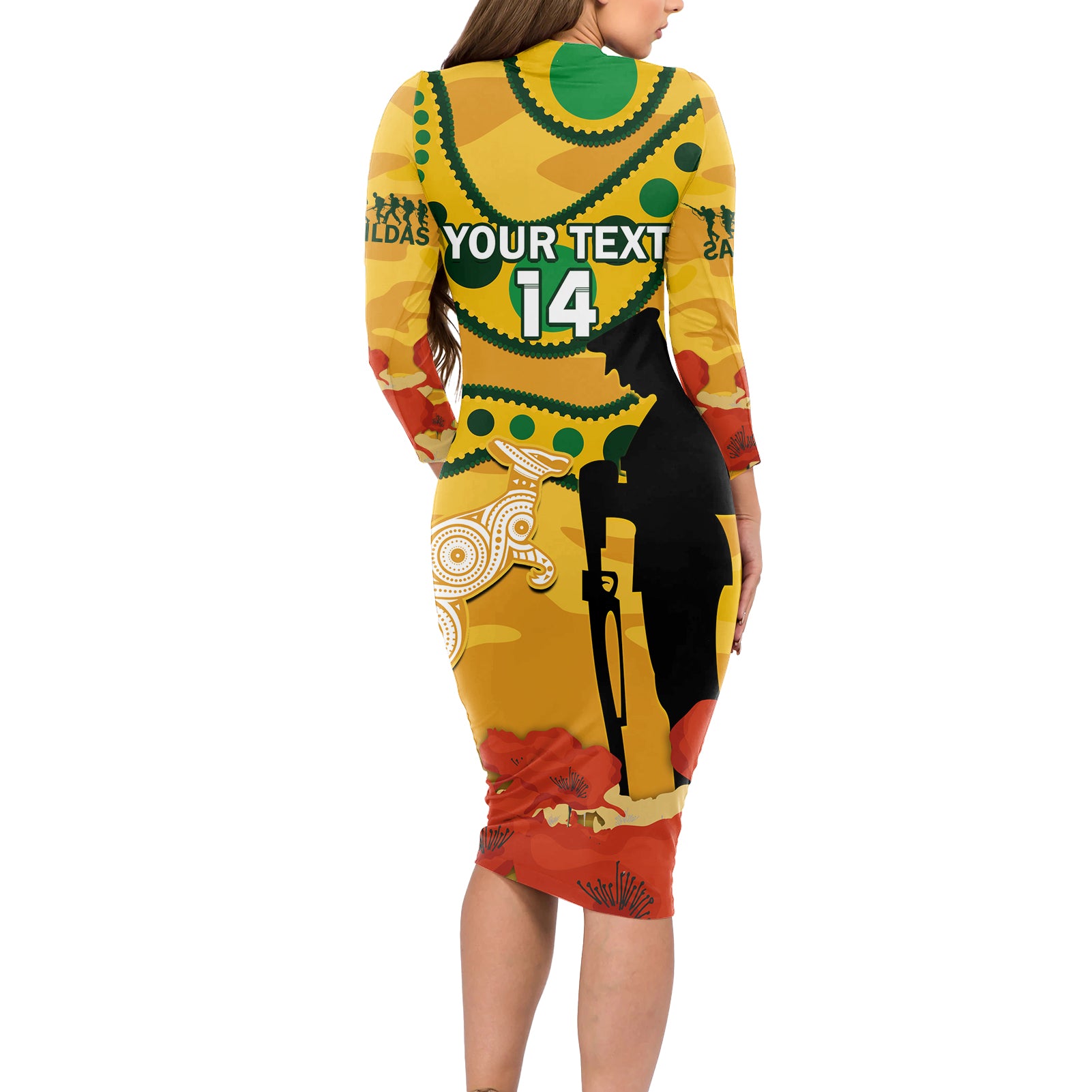 Custom Matildas ANZAC Day Long Sleeve Bodycon Dress Lest We Forget Poppies Mix Camouflage Gold