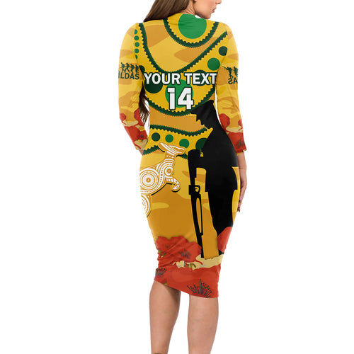 Custom Matildas ANZAC Day Long Sleeve Bodycon Dress Lest We Forget Poppies Mix Camouflage Gold