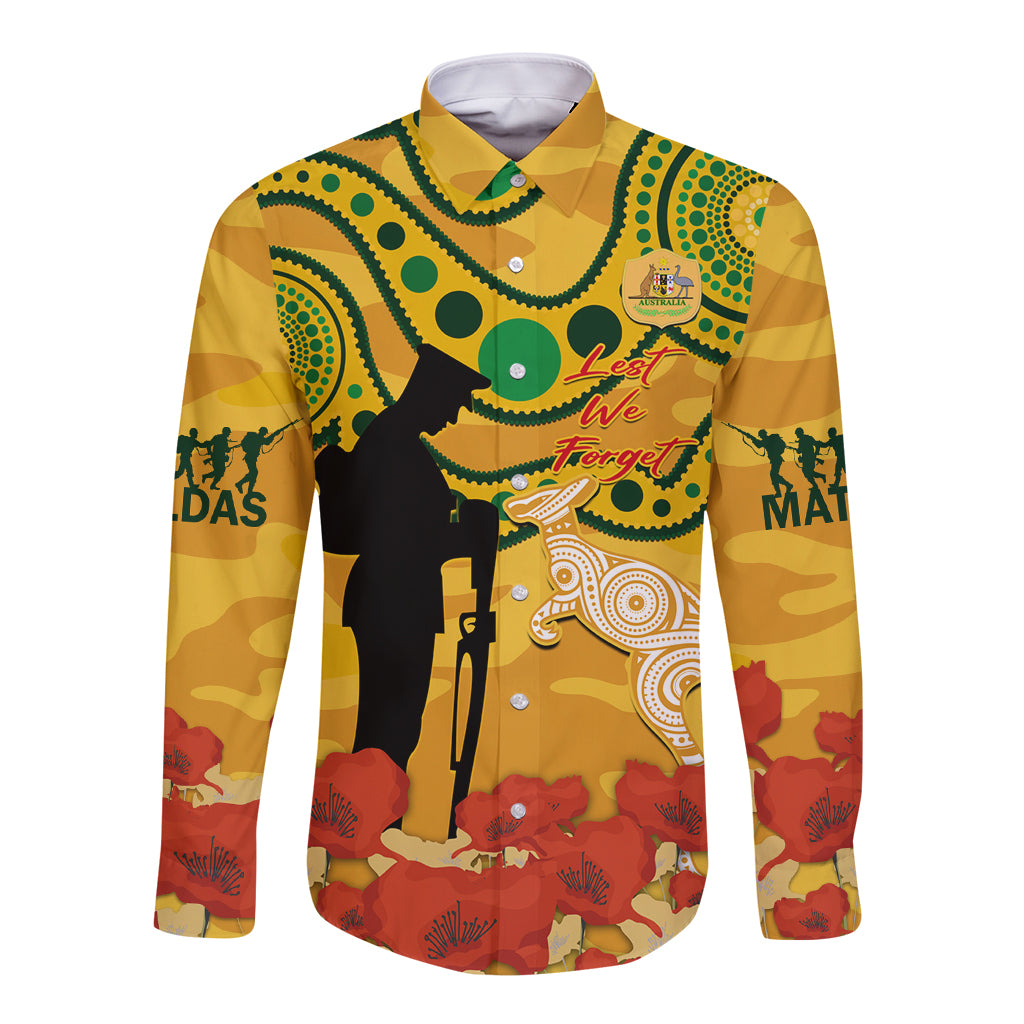 Custom Matildas ANZAC Day Long Sleeve Button Shirt Lest We Forget Poppies Mix Camouflage Gold