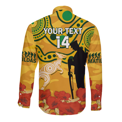 Custom Matildas ANZAC Day Long Sleeve Button Shirt Lest We Forget Poppies Mix Camouflage Gold