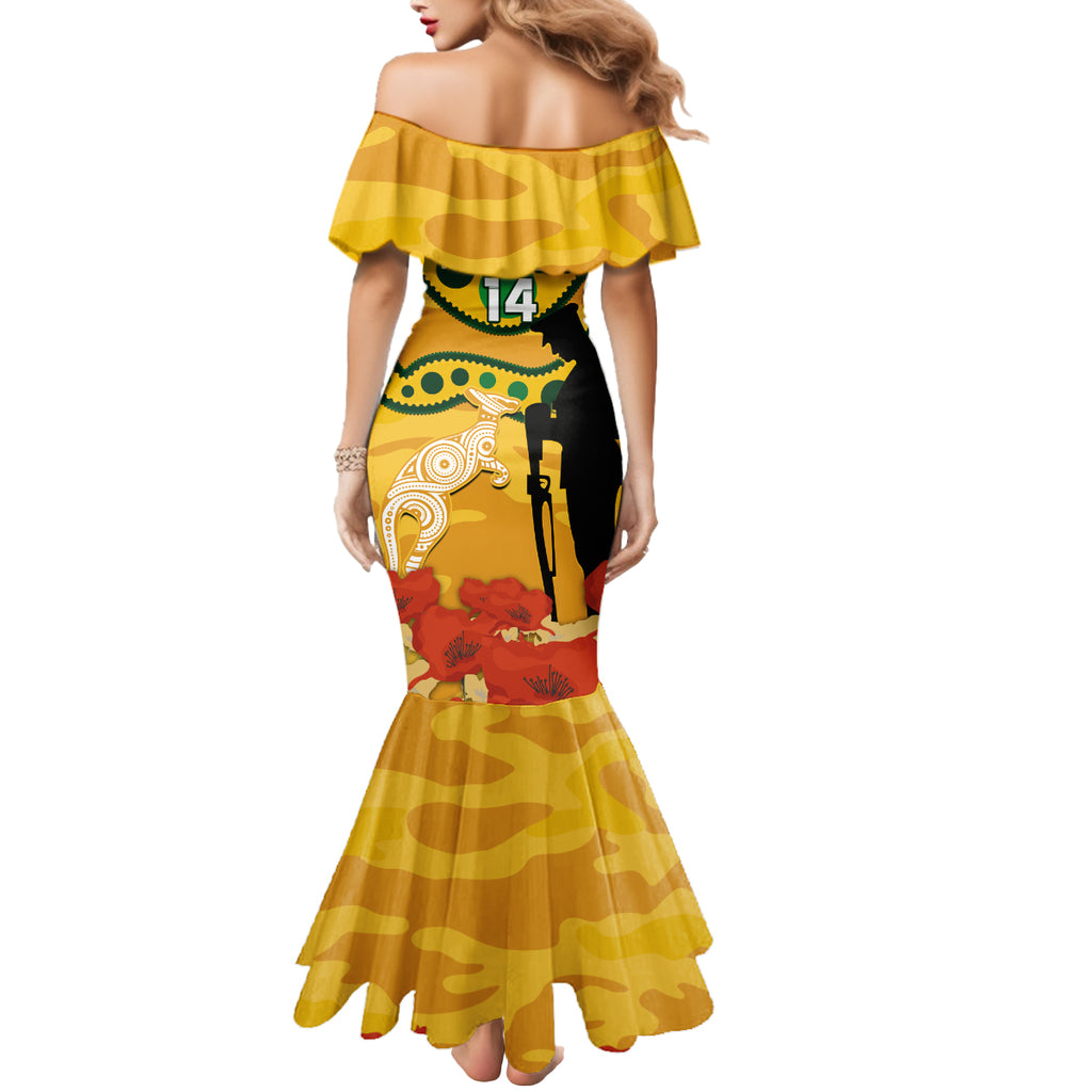 Custom Matildas ANZAC Day Mermaid Dress Lest We Forget Poppies Mix Camouflage Gold