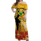Custom Matildas ANZAC Day Off Shoulder Maxi Dress Lest We Forget Poppies Mix Camouflage Gold