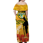 Custom Matildas ANZAC Day Off Shoulder Maxi Dress Lest We Forget Poppies Mix Camouflage Gold