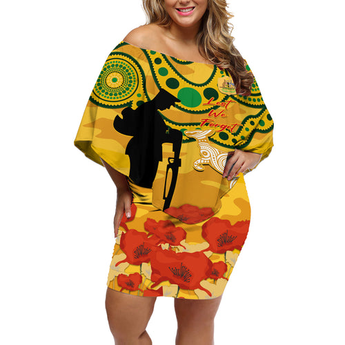 Custom Matildas ANZAC Day Off Shoulder Short Dress Lest We Forget Poppies Mix Camouflage Gold