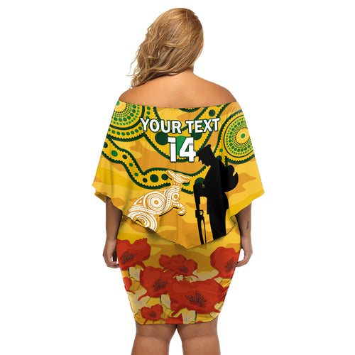 Custom Matildas ANZAC Day Off Shoulder Short Dress Lest We Forget Poppies Mix Camouflage Gold