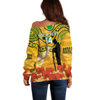 Custom Matildas ANZAC Day Off Shoulder Sweater Lest We Forget Poppies Mix Camouflage Gold