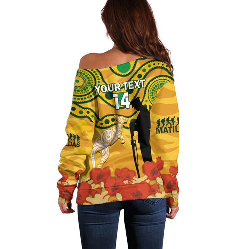 Custom Matildas ANZAC Day Off Shoulder Sweater Lest We Forget Poppies Mix Camouflage Gold