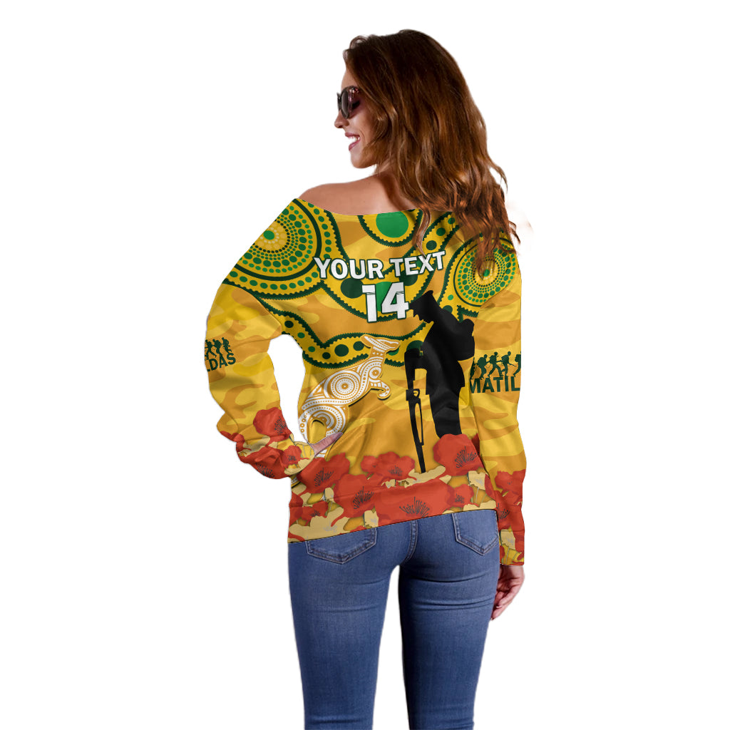 Custom Matildas ANZAC Day Off Shoulder Sweater Lest We Forget Poppies Mix Camouflage Gold
