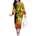 Custom Matildas ANZAC Day Off The Shoulder Long Sleeve Dress Lest We Forget Poppies Mix Camouflage Gold