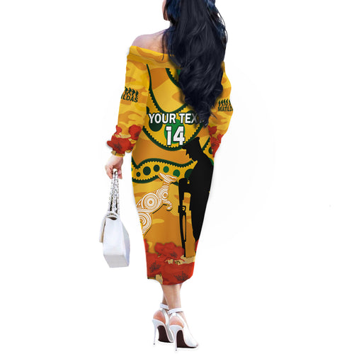 Custom Matildas ANZAC Day Off The Shoulder Long Sleeve Dress Lest We Forget Poppies Mix Camouflage Gold