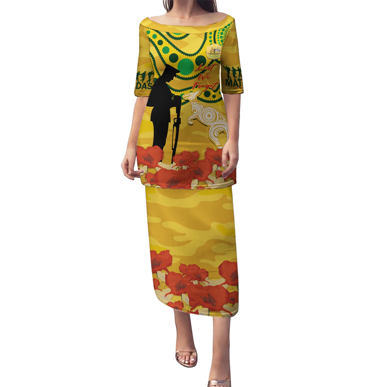 Custom Matildas ANZAC Day Puletasi Lest We Forget Poppies Mix Camouflage Gold