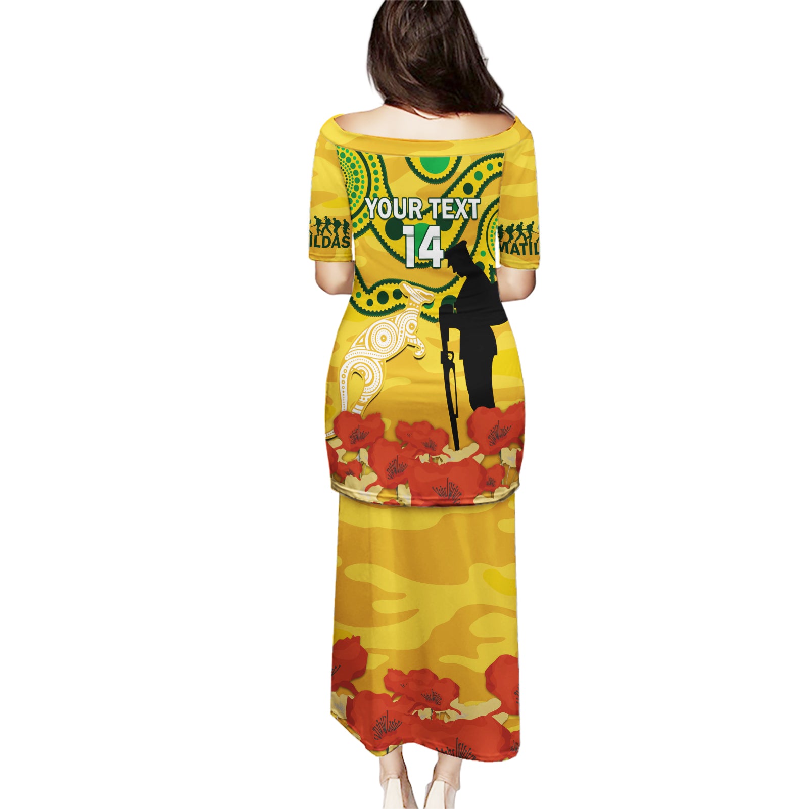 Custom Matildas ANZAC Day Puletasi Lest We Forget Poppies Mix Camouflage Gold