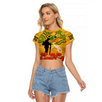 Custom Matildas ANZAC Day Raglan Cropped T Shirt Lest We Forget Poppies Mix Camouflage Gold