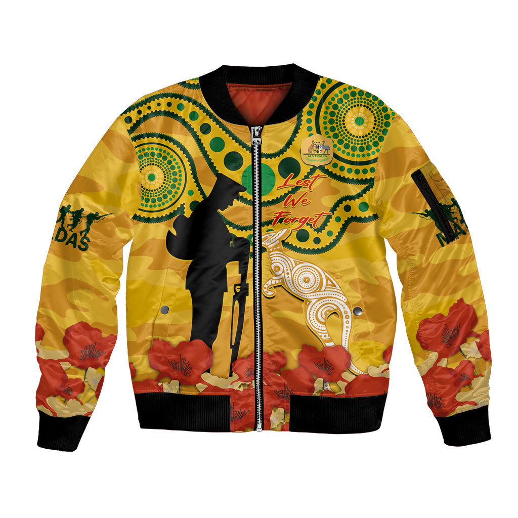 Custom Matildas ANZAC Day Sleeve Zip Bomber Jacket Lest We Forget Poppies Mix Camouflage Gold