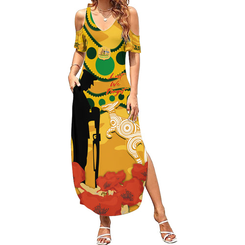 Custom Matildas ANZAC Day Summer Maxi Dress Lest We Forget Poppies Mix Camouflage Gold