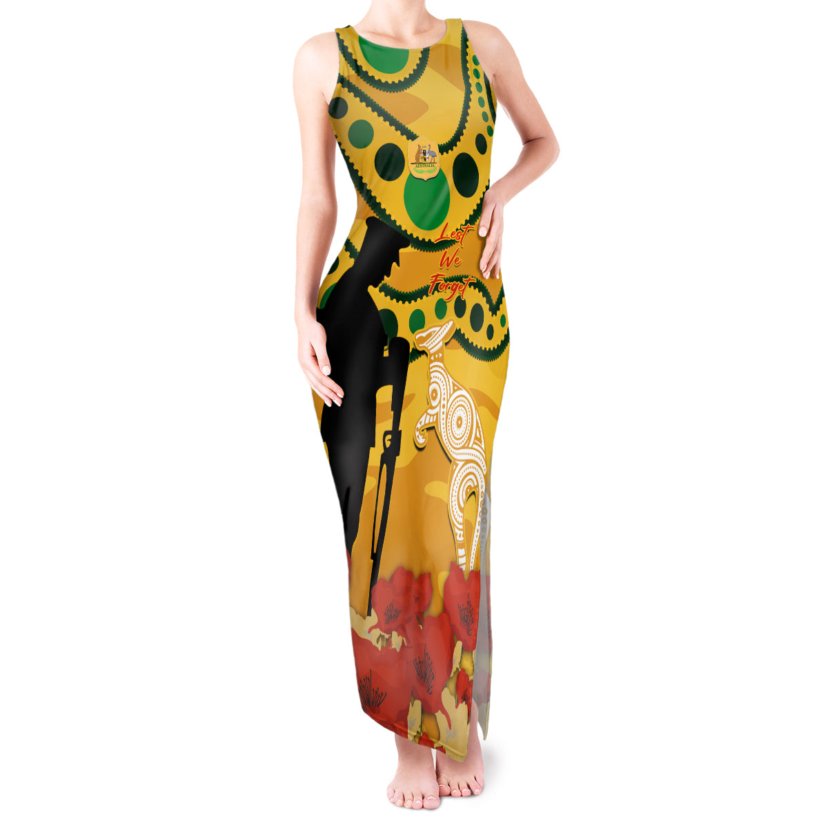 Custom Matildas ANZAC Day Tank Maxi Dress Lest We Forget Poppies Mix Camouflage Gold