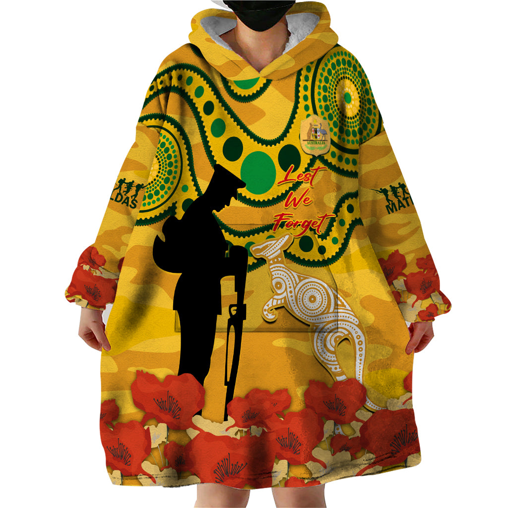 Custom Matildas ANZAC Day Wearable Blanket Hoodie Lest We Forget Poppies Mix Camouflage Gold