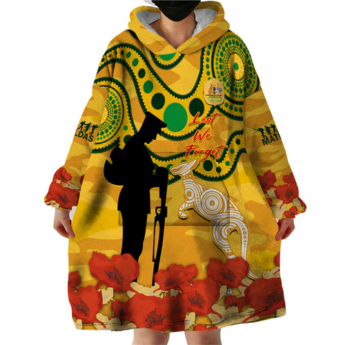 Custom Matildas ANZAC Day Wearable Blanket Hoodie Lest We Forget Poppies Mix Camouflage Gold