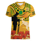 Custom Matildas ANZAC Day Women V Neck T Shirt Lest We Forget Poppies Mix Camouflage Gold