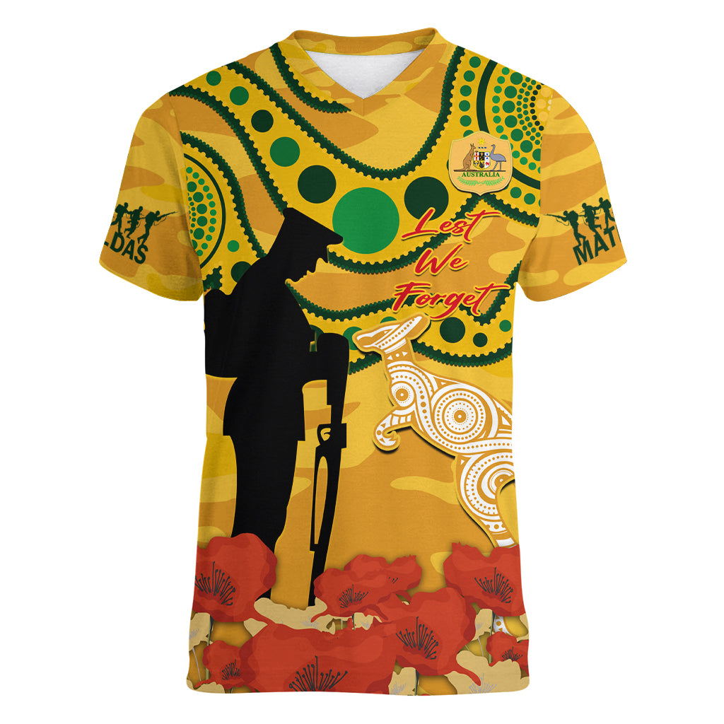 Custom Matildas ANZAC Day Women V Neck T Shirt Lest We Forget Poppies Mix Camouflage Gold