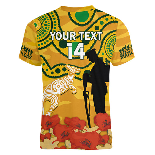 Custom Matildas ANZAC Day Women V Neck T Shirt Lest We Forget Poppies Mix Camouflage Gold
