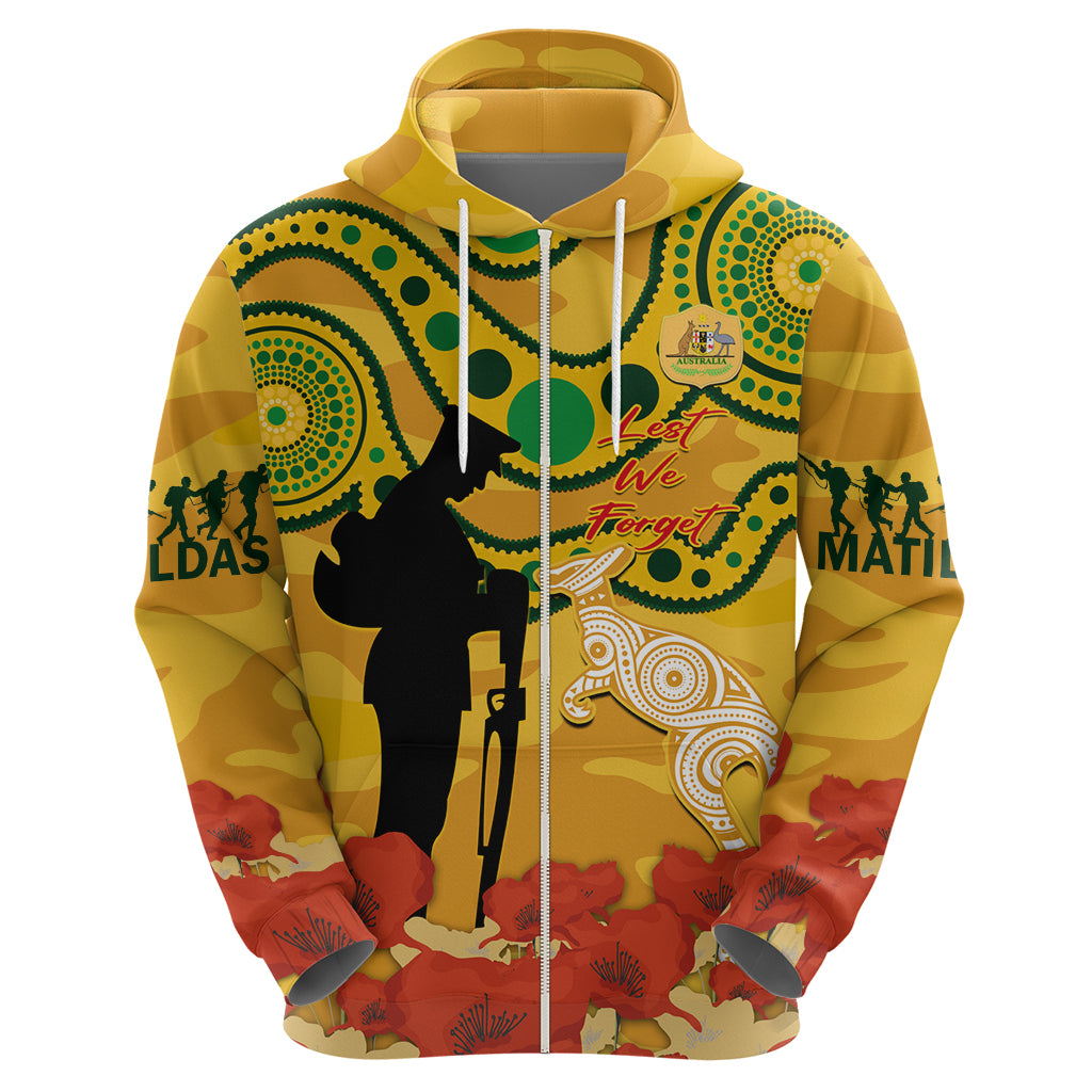 Custom Matildas ANZAC Day Zip Hoodie Lest We Forget Poppies Mix Camouflage Gold