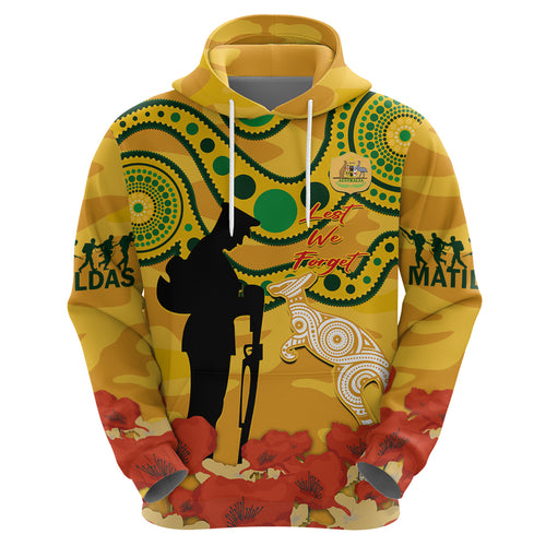 Custom Matildas ANZAC Day Zip Hoodie Lest We Forget Poppies Mix Camouflage Gold