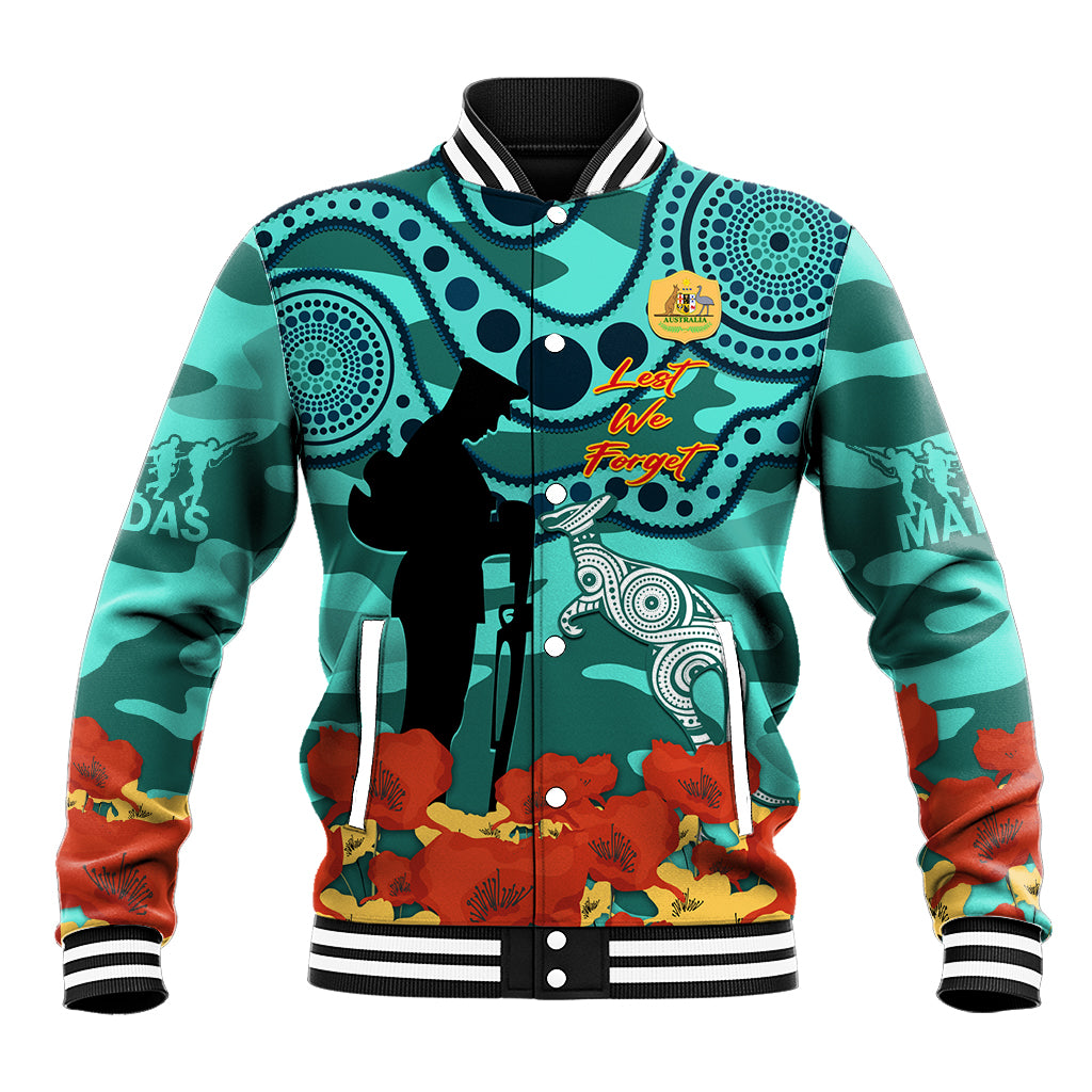 Custom Matildas ANZAC Day Baseball Jacket Lest We Forget Poppies Mix Camouflage Turquoise