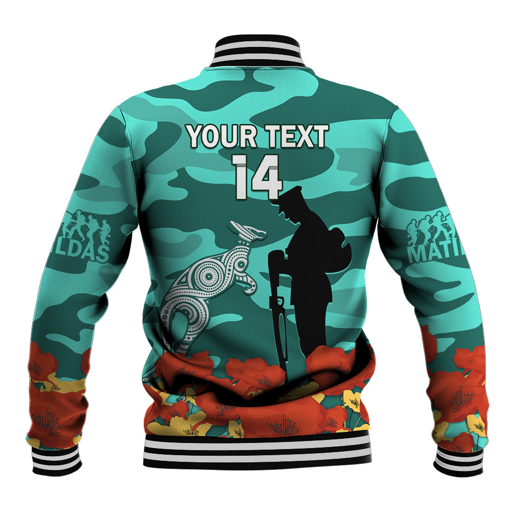 Custom Matildas ANZAC Day Baseball Jacket Lest We Forget Poppies Mix Camouflage Turquoise