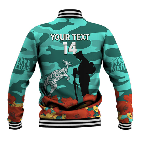 Custom Matildas ANZAC Day Baseball Jacket Lest We Forget Poppies Mix Camouflage Turquoise