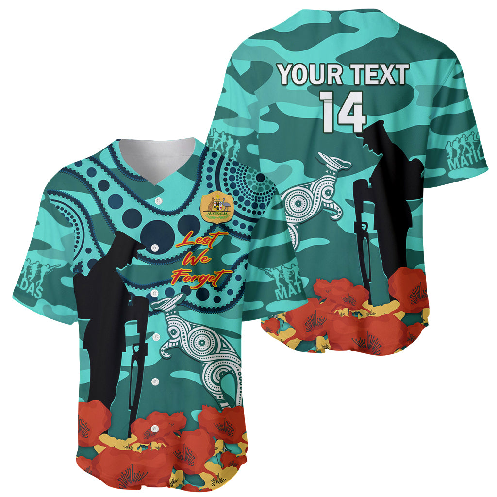 Custom Matildas ANZAC Day Baseball Jersey Lest We Forget Poppies Mix Camouflage Turquoise