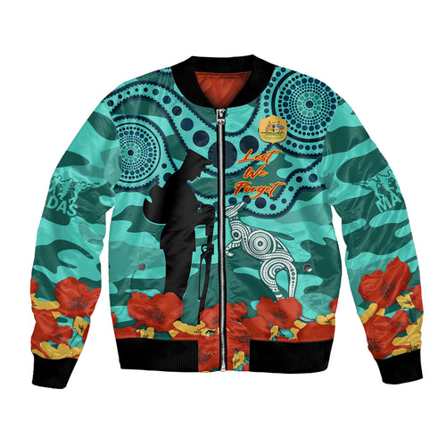 Custom Matildas ANZAC Day Bomber Jacket Lest We Forget Poppies Mix Camouflage Turquoise